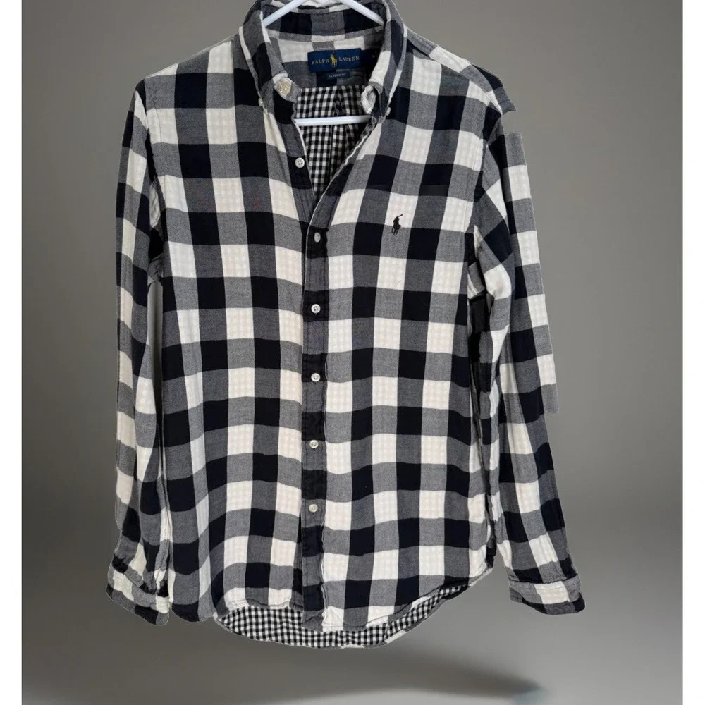Ralph Lauren Shirt Men's Double-Faced Buffalo Plaid Black Cream Sz M SOFT!